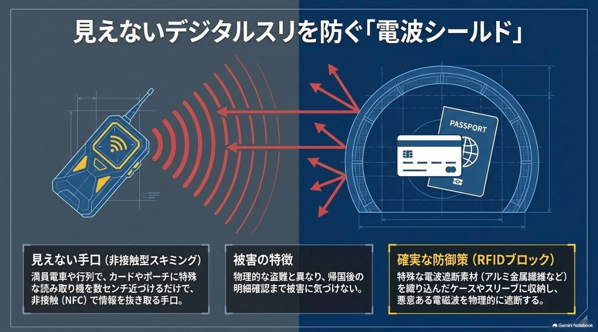クレジットカードの情報などを狙う非接触型スキミングを遮断する電波シールドの仕組み
