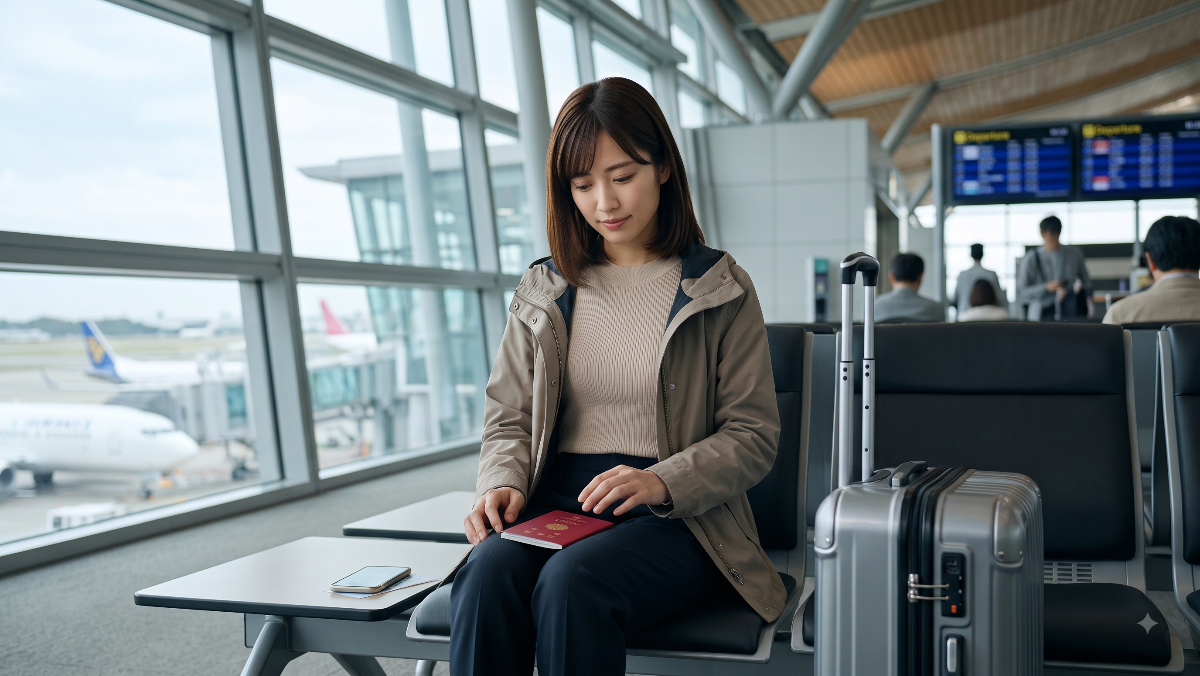 空港のターミナルでパスポートやスマートフォンで必要事項を確認する日本人女性