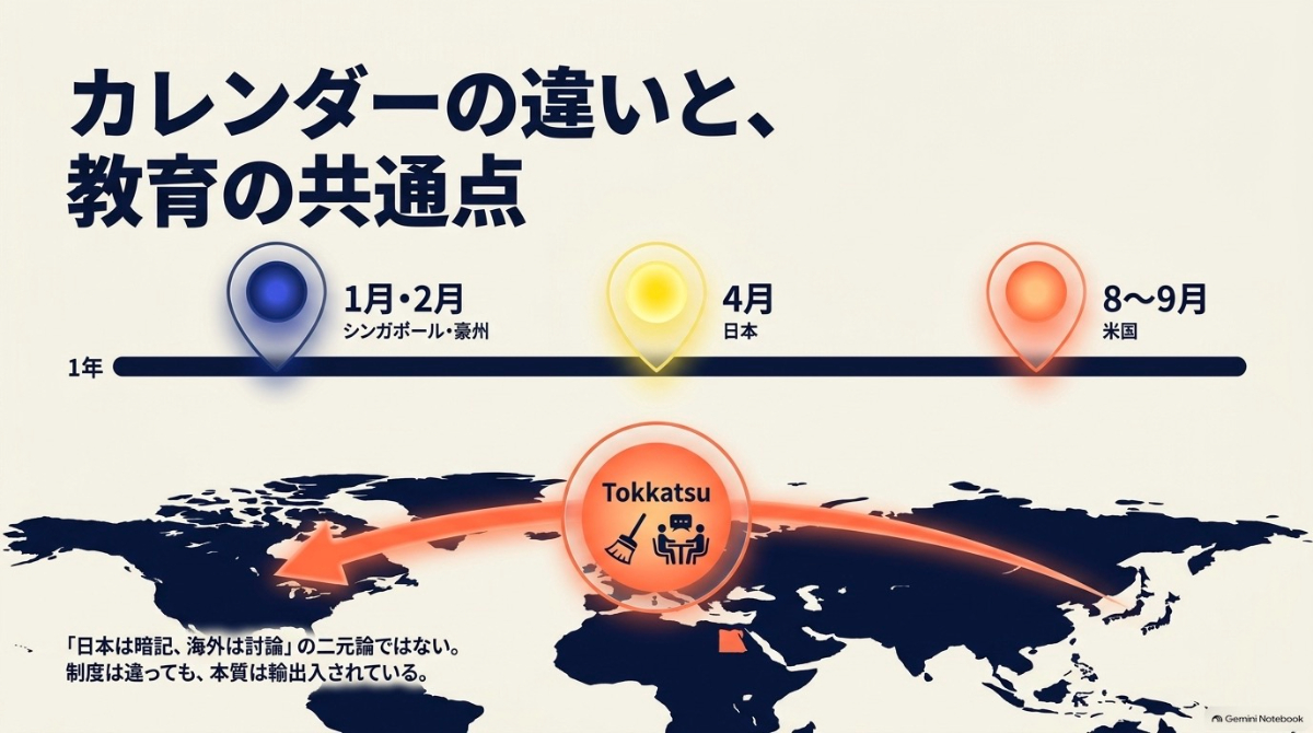 各国の学校が始まる時期の違いと、制度は違っても本質は交換されていることを示す図