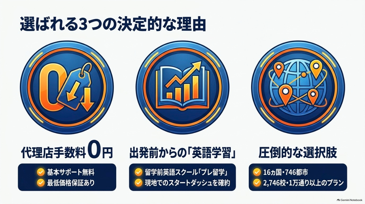 スクールウィズが選ばれる3つの決定的な理由（代理店手数料0円、出発前からの英語学習、圧倒的な選択肢）