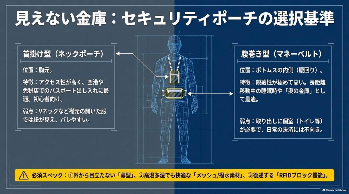アクセス性の高い首掛け型ネックポーチと、隠蔽性が高い腹巻き型マネーベルトの選択基準