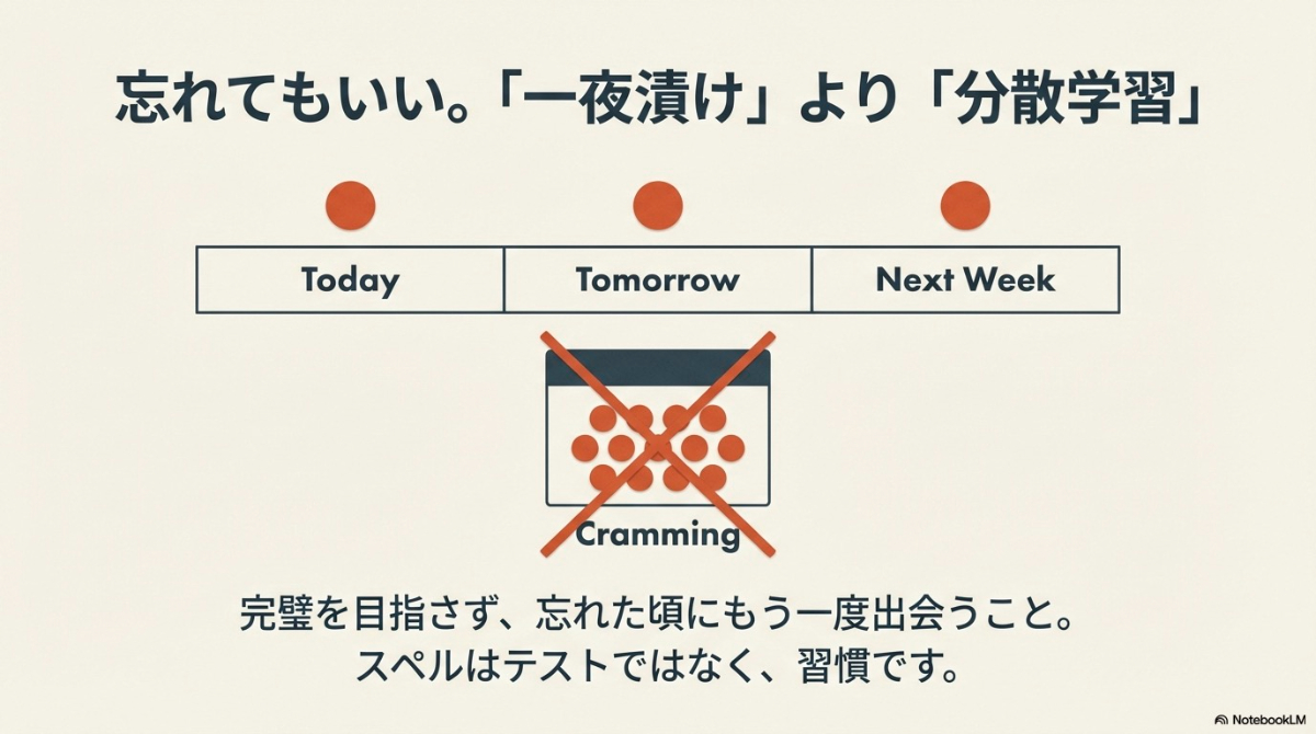 一夜漬け（Cramming）ではなく、日を分けて学習する分散学習を推奨するカレンダーのイラスト。