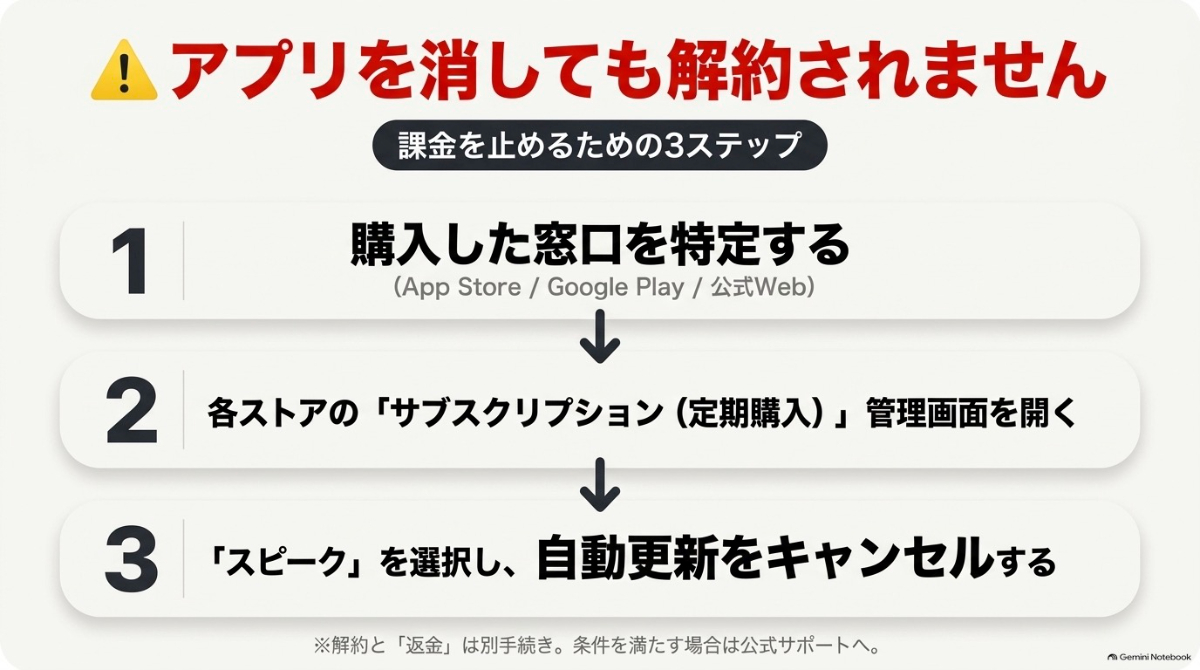 スピークの自動更新・課金を止めるための解約ステップ