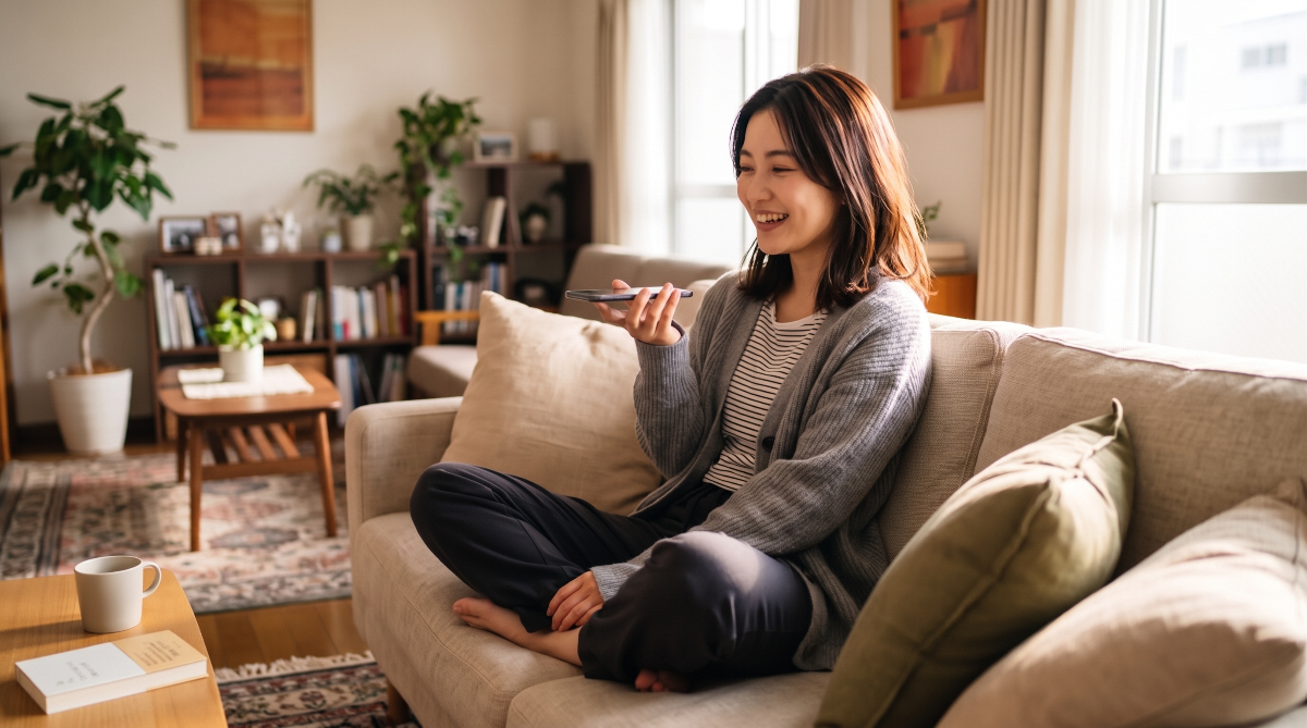 スピークのアプリを日常に取り入れて英会話の練習をしている女性