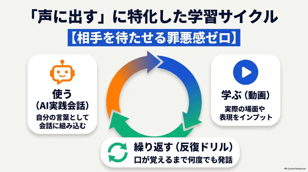 AI英会話スピークの学習サイクル(動画での理解・反復ドリル・AIとの実践会話)