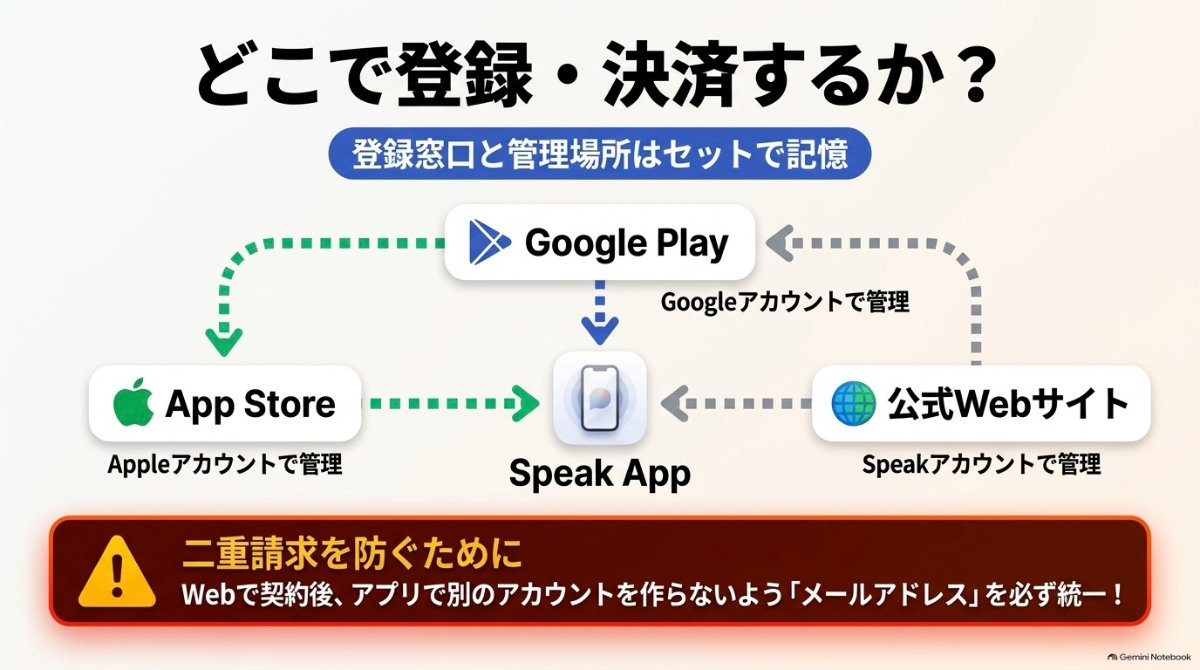 スピークの登録・決済窓口(Google Play、App Store、公式Webサイト)とアカウント管理場所の違い