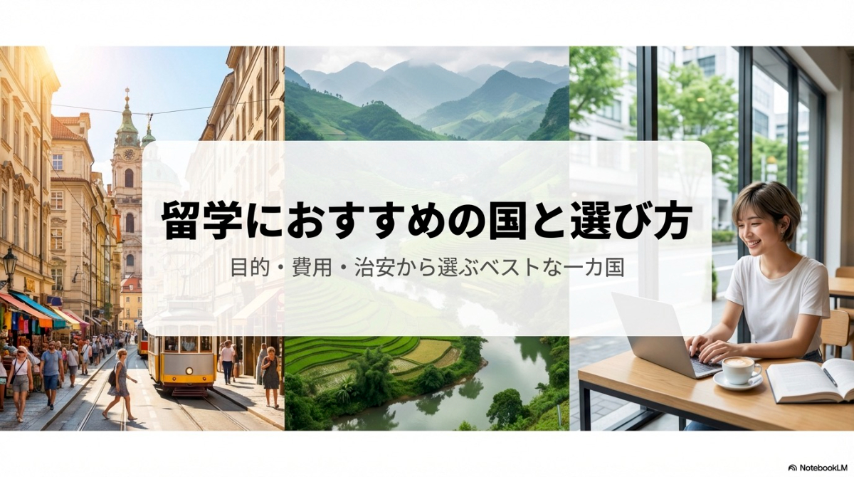 「留学におすすめの国と選び方」というタイトルが表示されたスライド。目的・費用・治安から選ぶベストな国を紹介。