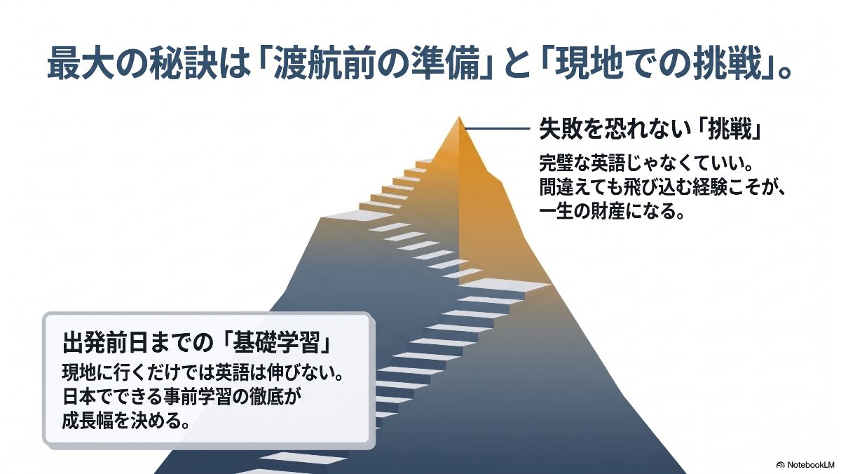 渡航前の準備と現地での挑戦など、留学での心構えを紹介した総括スライド