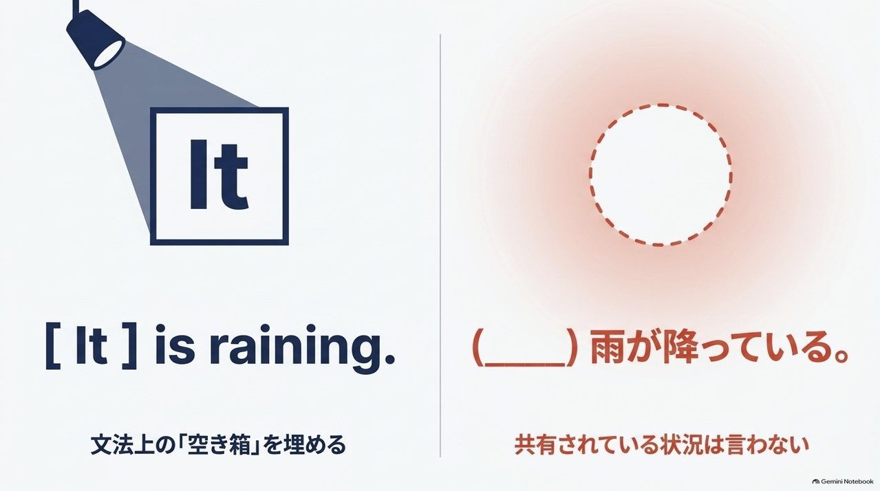 「It is raining.」という例文を用い、英語では文法上「It」で埋める必要があるが、日本語では共有されている状況は言わない(省略する)ことを示す図