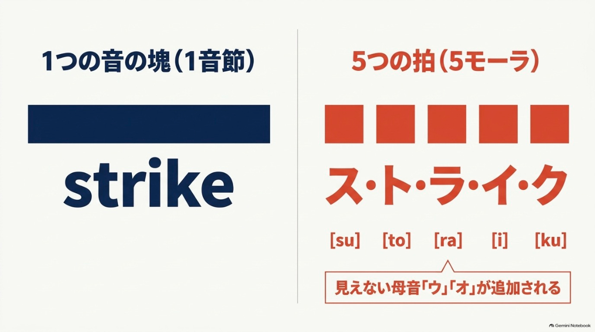 英語の「strike」は1つの音の塊(1音節)であるのに対し、日本語の「ストライク」は5つの拍(5モーラ)となり、見えない母音「ウ」「オ」が追加されることを示す図