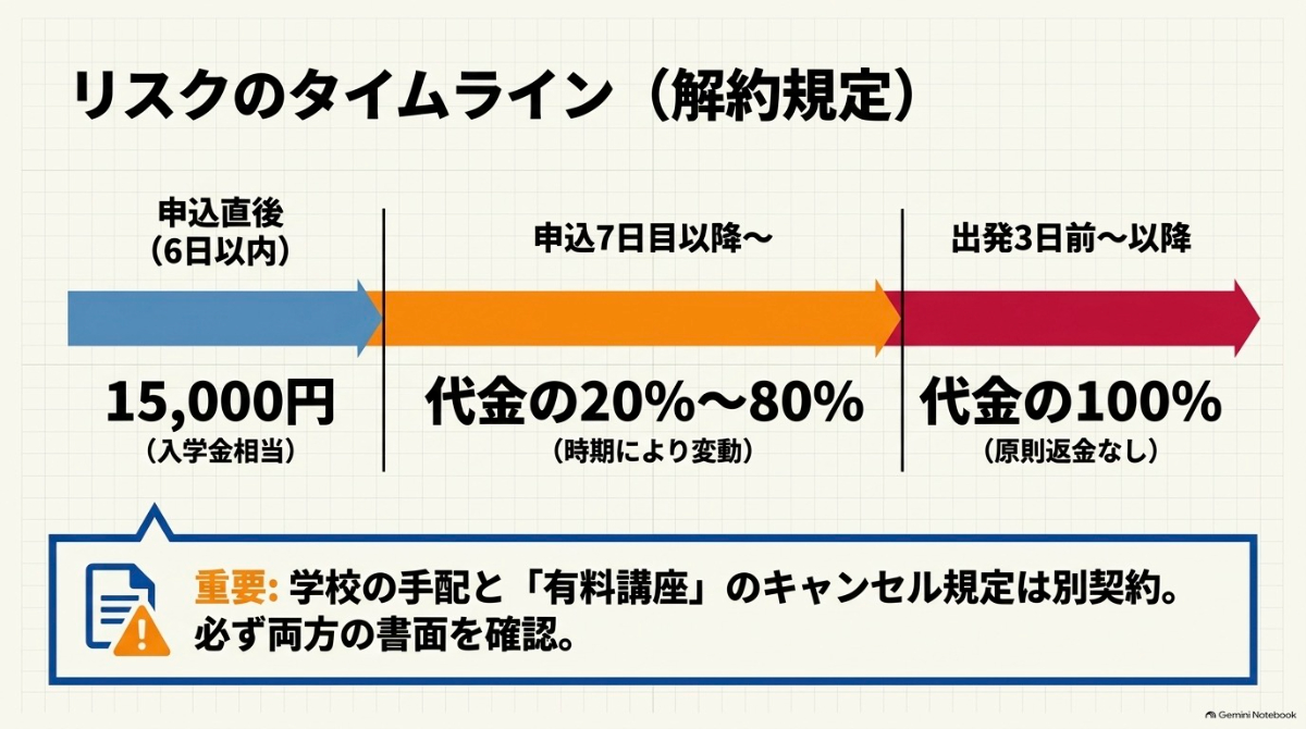 申込後から発生するキャンセル料と、契約に関する注意点を示す図解