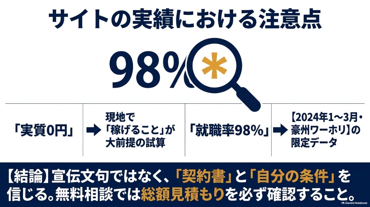 公式サイトの宣伝文句だけではなく、実際の条件や見積もりを確認することを示したスライド