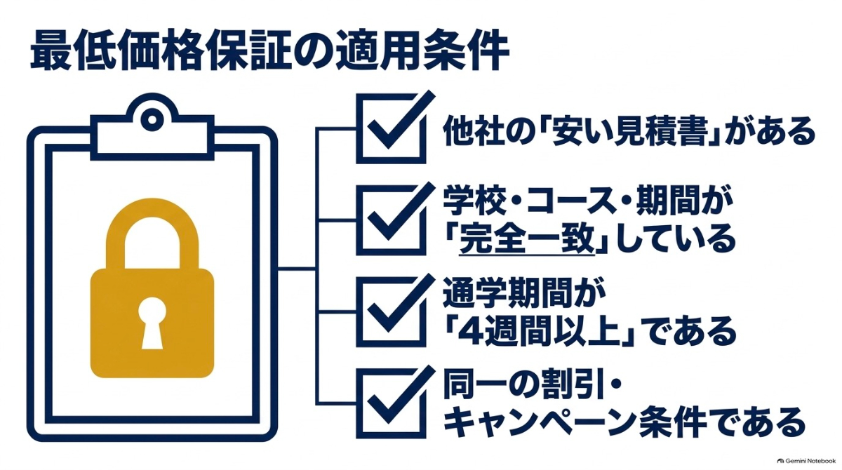 タビケン留学の最低価格保証を利用するための条件の例