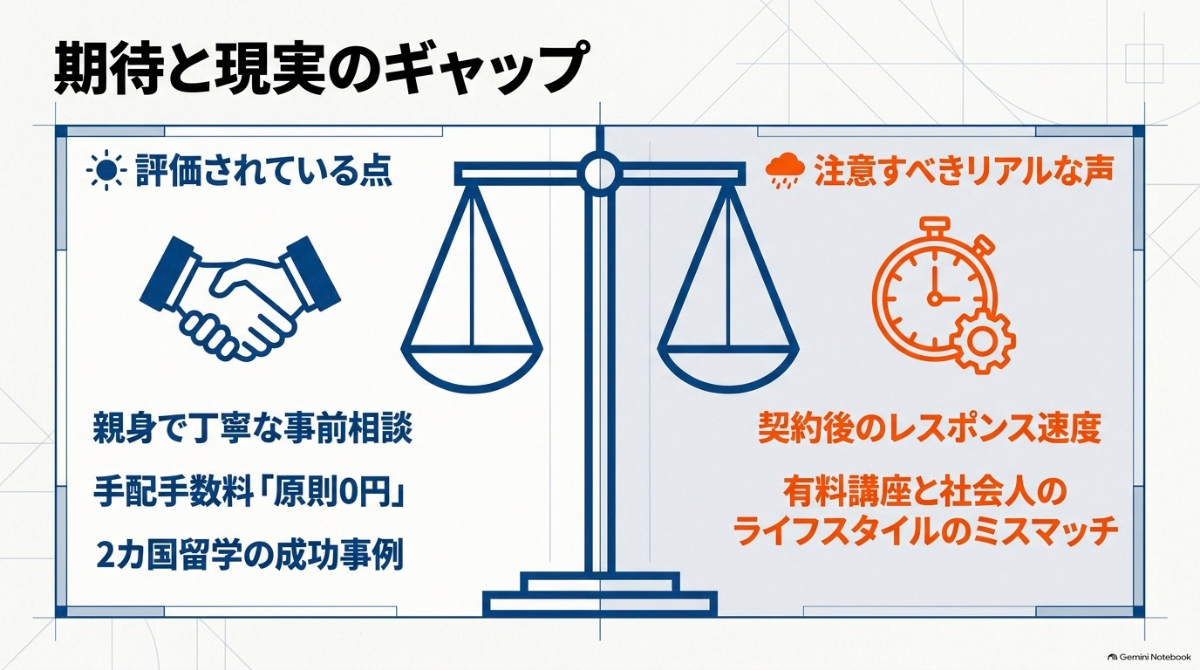 タビケン留学の評判・口コミから見たメリット・デメリットを比較したスライド