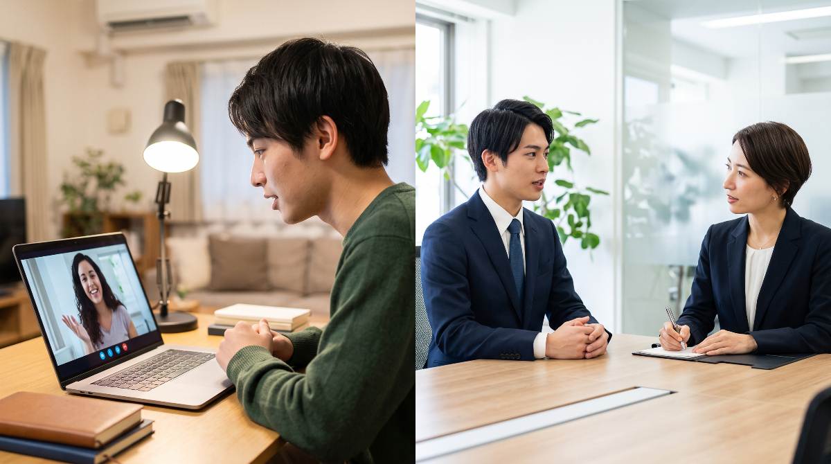 渡航前のサポートを利用して、オンラインでの英語学習と就労準備のための面接練習を並行して行っている日本人利用者のイメージ