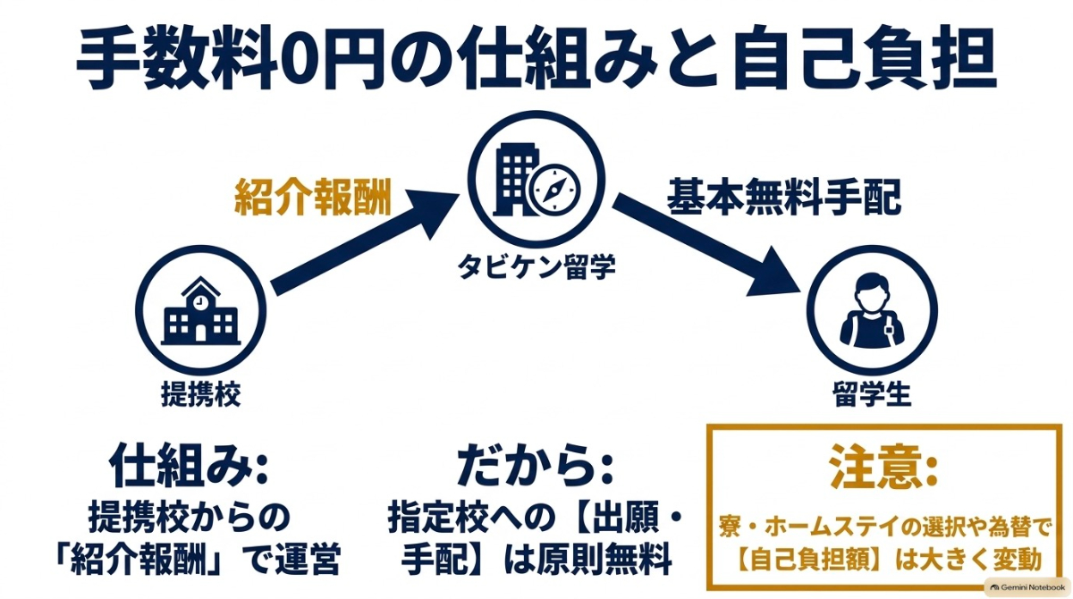 学校からの紹介料で基本手配が無料になる一方、自己負担となる留学総額の仕組みを図解したスライド