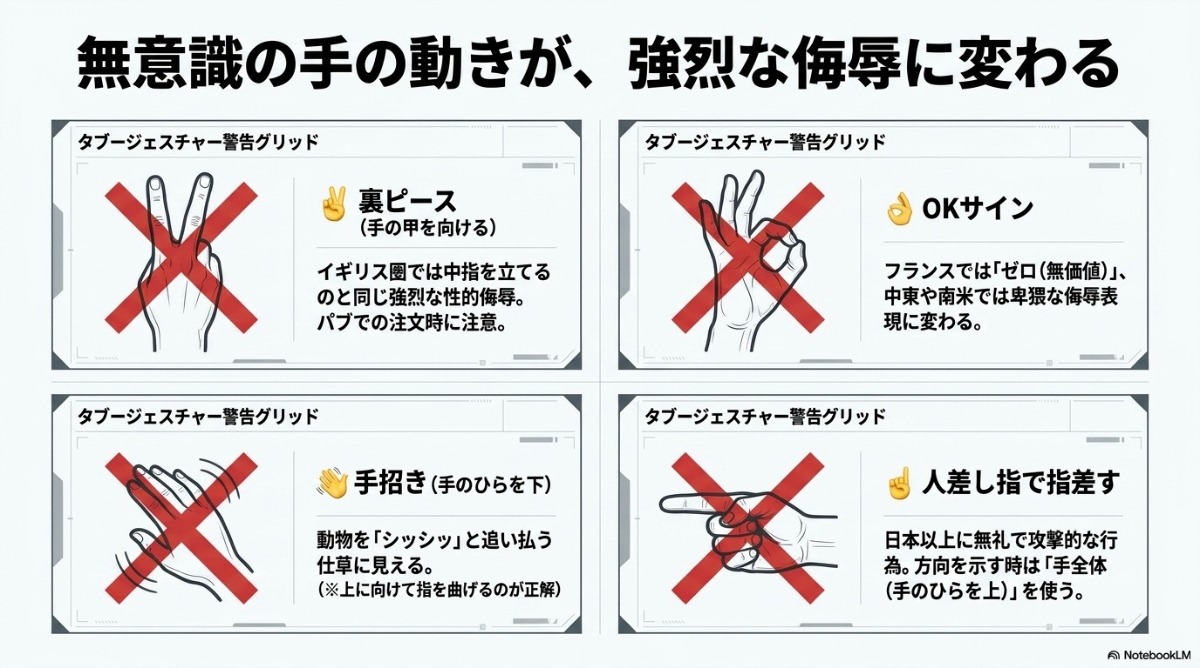 海外で誤解を生むタブージェスチャーの具体例を紹介したスライド