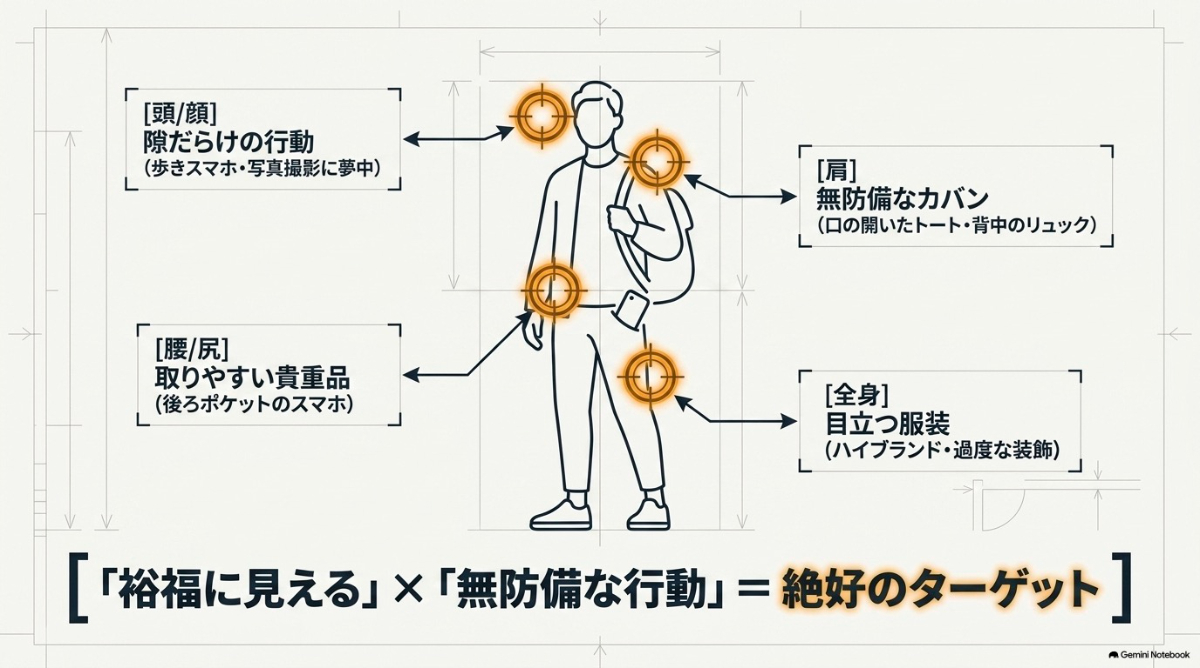 歩きスマホや口の開いたカバン、後ろポケットのスマホ、目立つ服装など、スリの絶好のターゲットとなる旅行者の特徴を示した図解