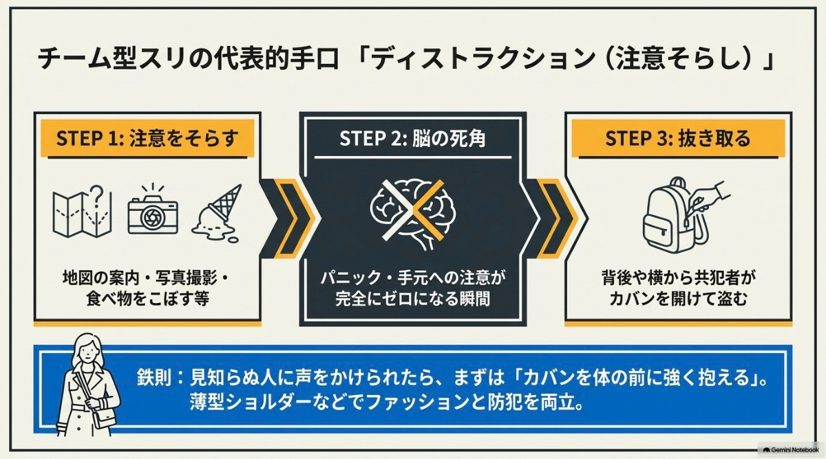 注意をそらし、脳の死角を突いて貴重品を抜き取るチーム型スリの手口を解説したスライド
