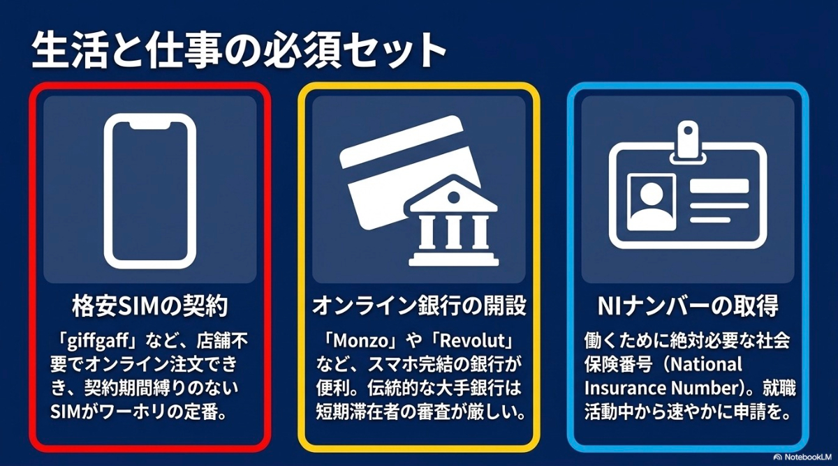 イギリス到着後に必要な3つの基本手続き（格安SIMの契約、オンライン銀行の開設、NIナンバーの取得）のスライド