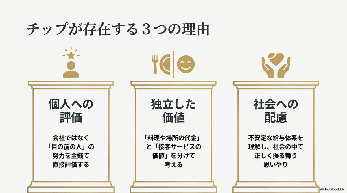 チップが存在する3つの理由(個人への評価・独立した価値・社会への配慮)