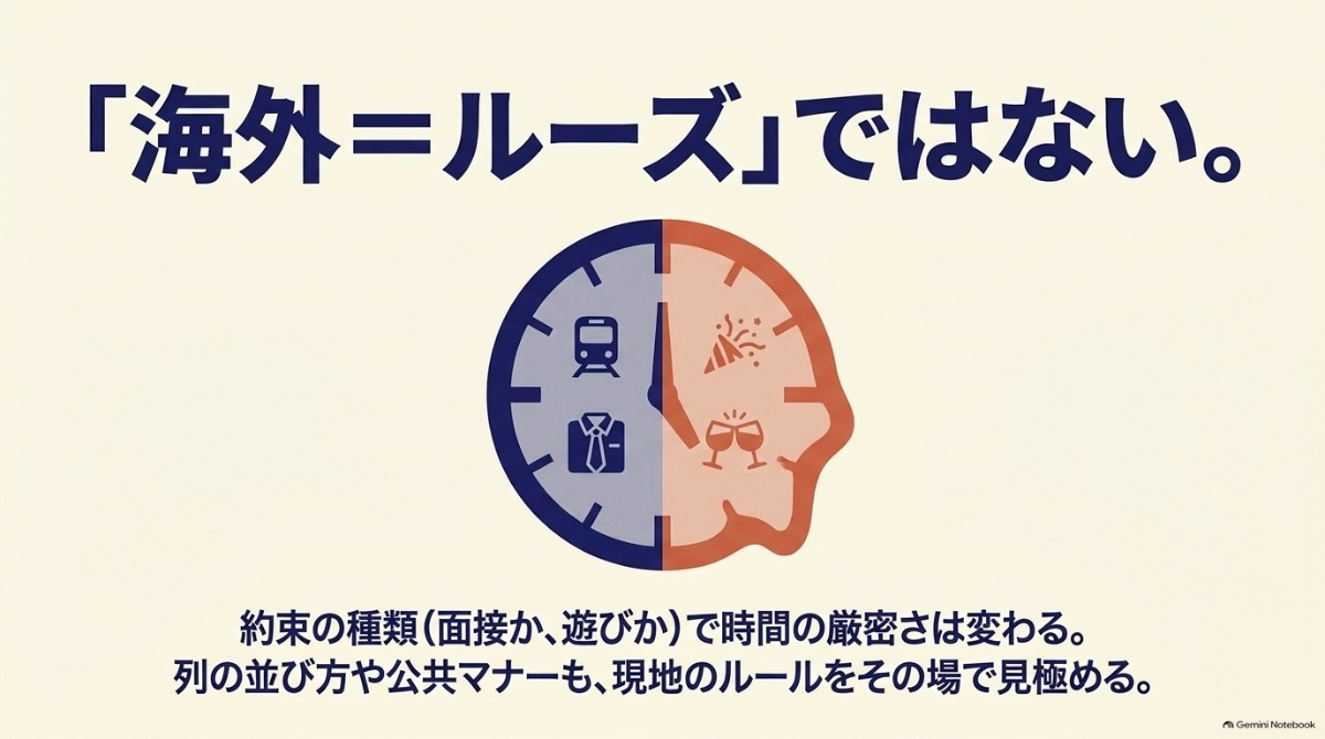 約束の種類によって時間の厳密さは変わり、「海外＝ルーズ」ではないことを説明する図