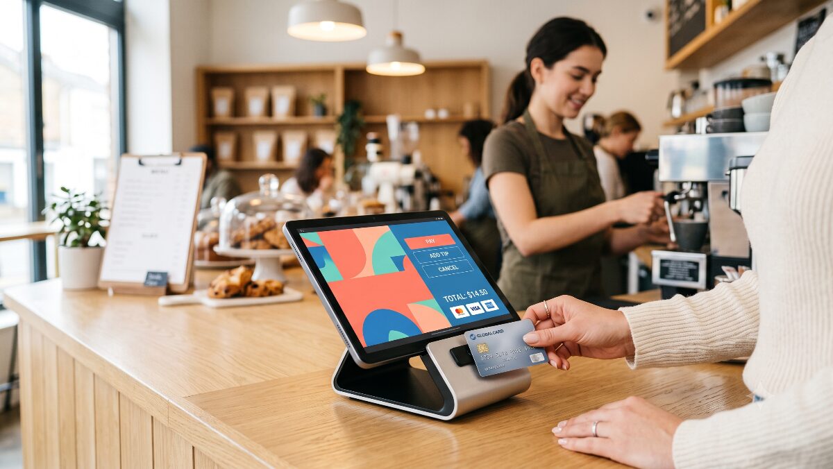 海外でのカフェのレジでタブレット端末を使ってクレジットカード決済を行う様子