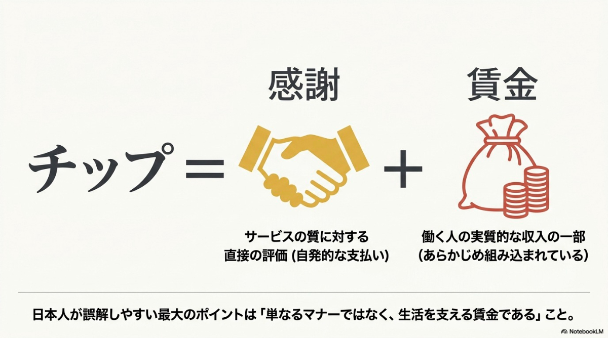 「チップ」における感謝・賃金の意味合いを説明したスライド