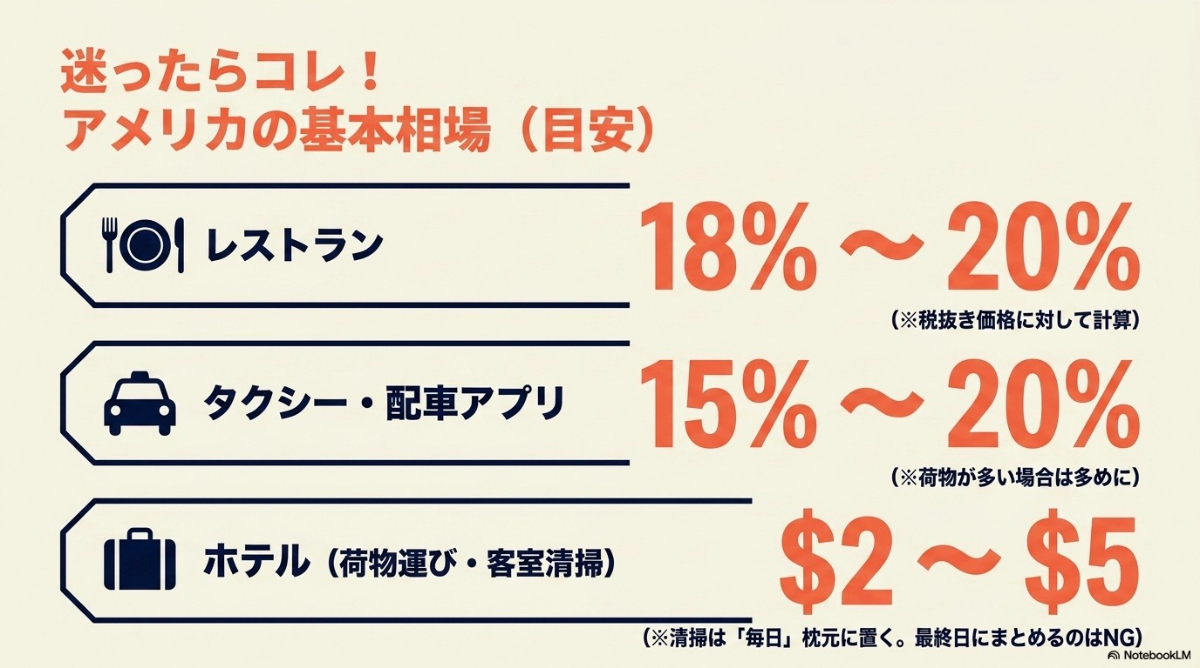 アメリカのチップ基本相場と目安(レストラン・タクシー・ホテル)