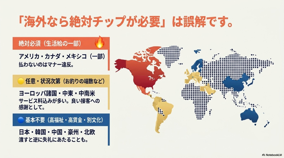 世界各国のチップの必要性一覧マップ(必須・任意・不要の国)