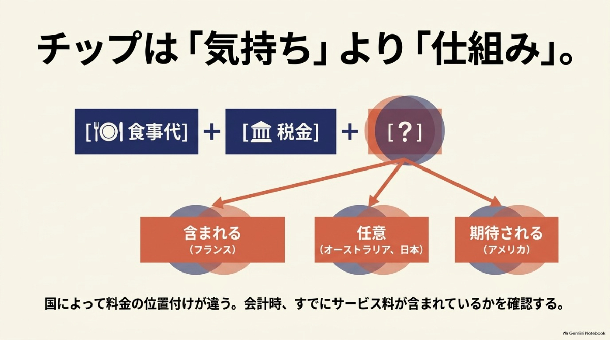 チップ制度は仕組みであり、フランスは料金に含まれ、アメリカは期待されるなど、国によって料金の位置付けが違うことを示す図