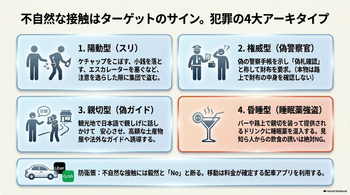 観光客が現地で狙われやすい4つの手口の例を要約したスライド