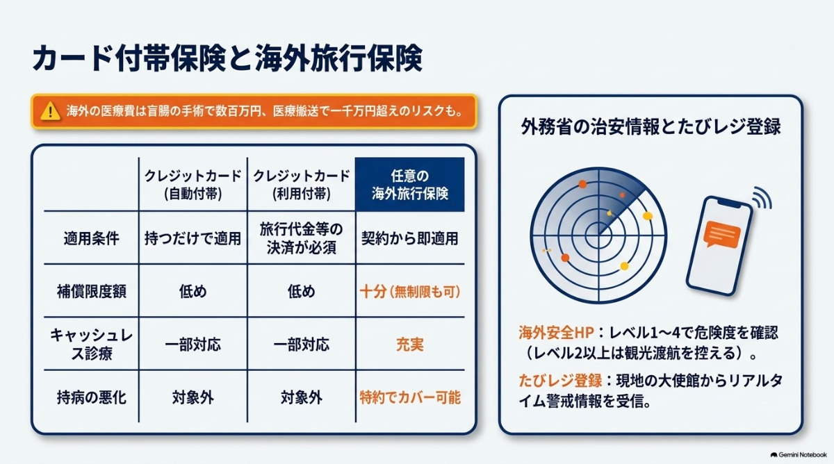 海外旅行保険における違いを比較した表と、外務省の海外安全ホームページの確認とたびレジ登録を促す図