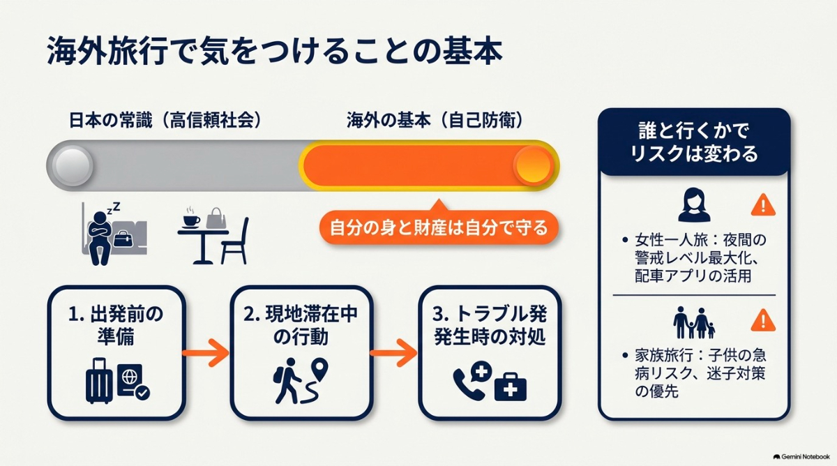 日本と海外での意識の違い、安全対策の3つのフェーズ、同行者による違いをまとめた図