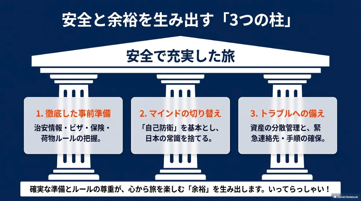 徹底した事前準備、自己防衛へのマインド切り替え、トラブルへの備えという、海外旅行を安全に楽しむための3つの柱