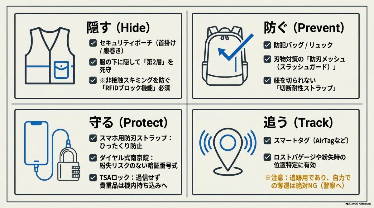海外旅行向け防犯グッズを目的別（隠す、防ぐ、守る、追う）でまとめた総括スライド