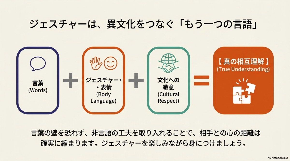 言葉とジェスチャーと文化への敬意による相互理解の大切さを示した総括スライド