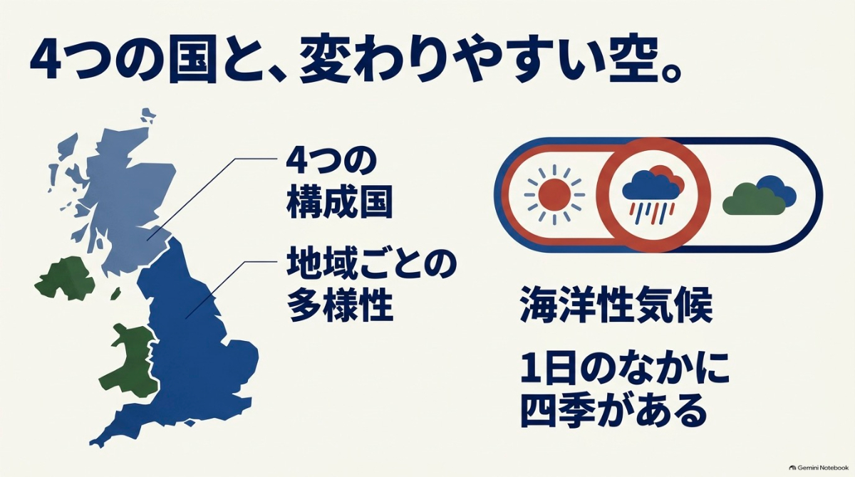 イギリスの4つの構成国による多様性と、1日に四季があると言われる海洋性気候を表した図解