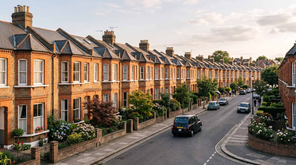 ロンドンの住宅街に並ぶ赤レンガ造りの伝統的なテラスハウス。イギリスの住環境を象徴する景観。