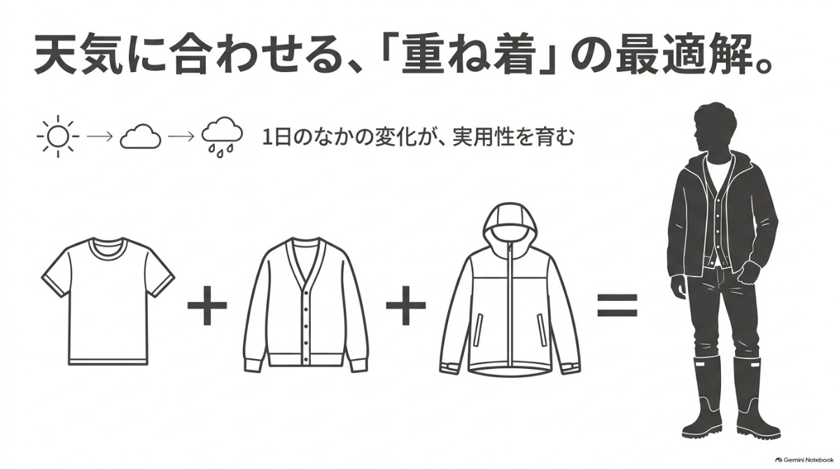 変わりやすい天気に合わせてTシャツやカーディガンを組み合わせるイギリスの実用的な重ね着の図解