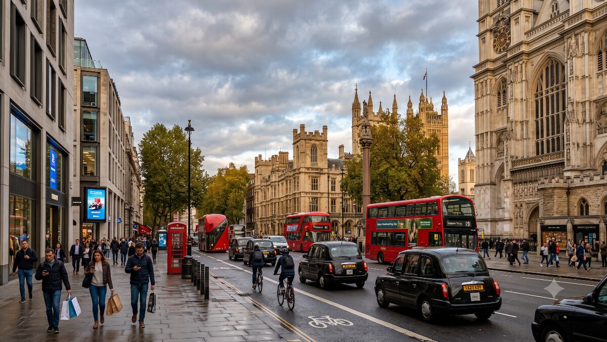 歴史的な石造りの建築と現代の街並みが融合するイギリス・ロンドンの風景