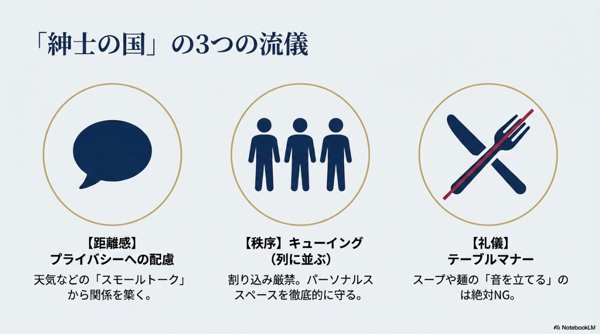 紳士の国としてのマナーや習慣の具体例を紹介したスライド