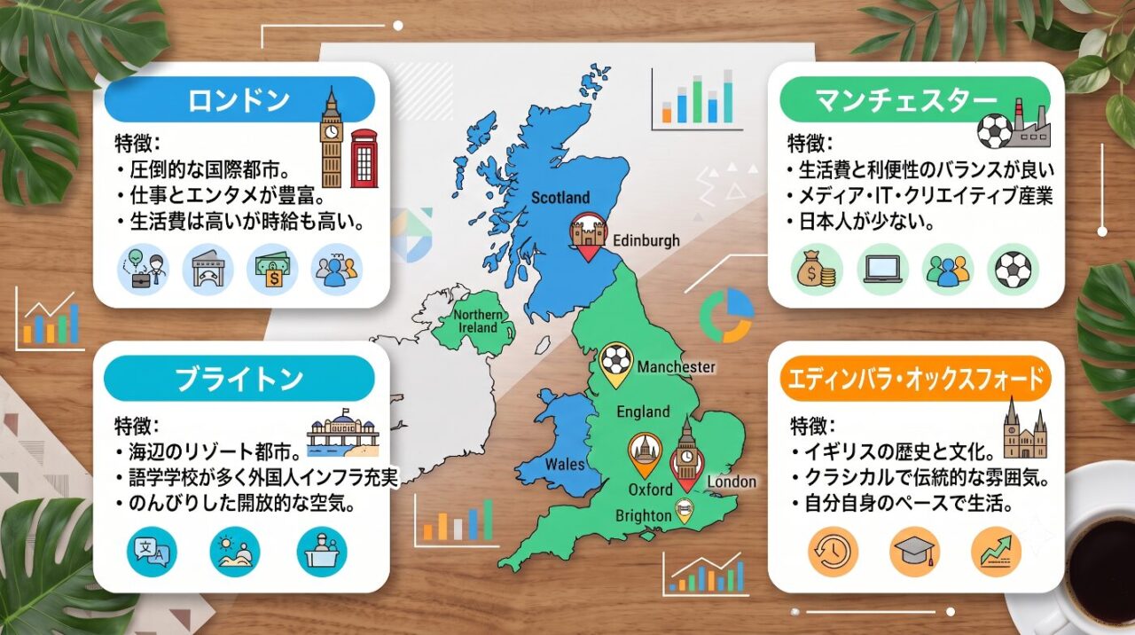 イギリスワーホリで人気の主要都市（ロンドン、マンチェスター、ブライトン、エディンバラ、オックスフォード）の特徴比較マップ