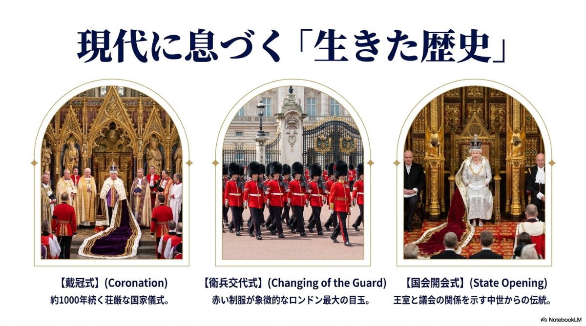 イギリスの伝統的な王室文化と国家儀式を紹介するスライド