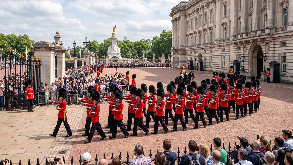 赤い制服と熊皮の帽子を身につけたイギリス王室の衛兵交代式