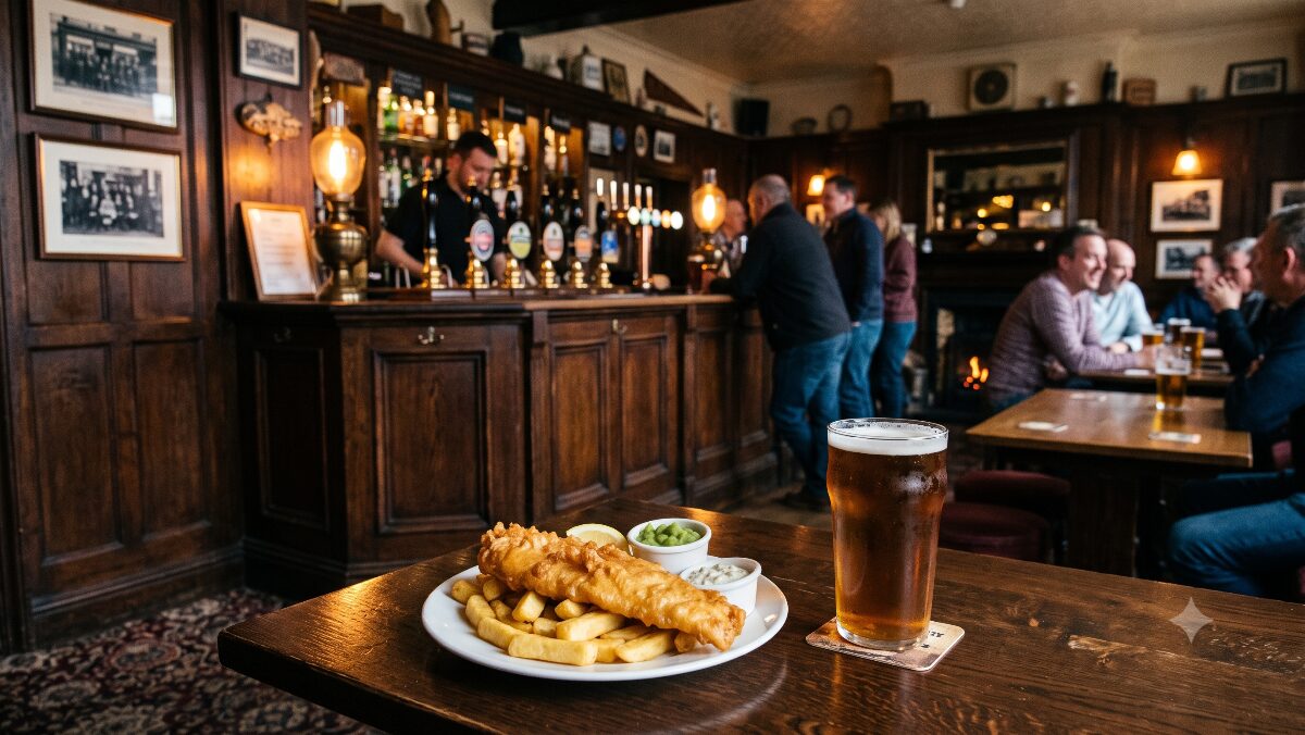 伝統的なイギリス料理のフィッシュ・アンド・チップスとビールが置かれたパブの店内
