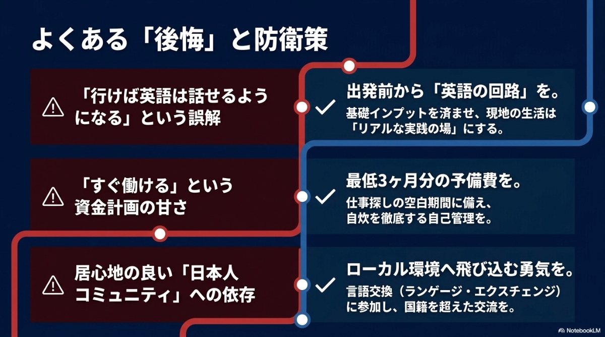 イギリスワーホリでのよくある失敗（英語力、資金計画、日本人コミュニティへの依存）とその防衛策のスライド