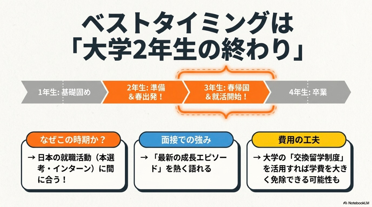 大学生の長期留学に最適な出発時期と4年間のスケジュール図