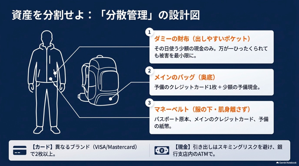 ダミーの財布、メインのバッグ、マネーベルトを使った、旅行中の資産の分散管理方法を示す図解