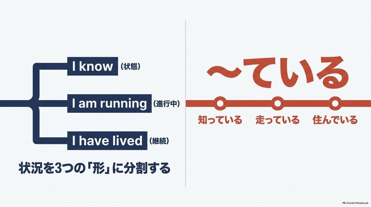 日本語の「〜ている」が、英語では「知っている(状態)」「走っている(進行中)」「住んでいる(継続)」のように、状況に応じて3つの形に分割されることを示す図